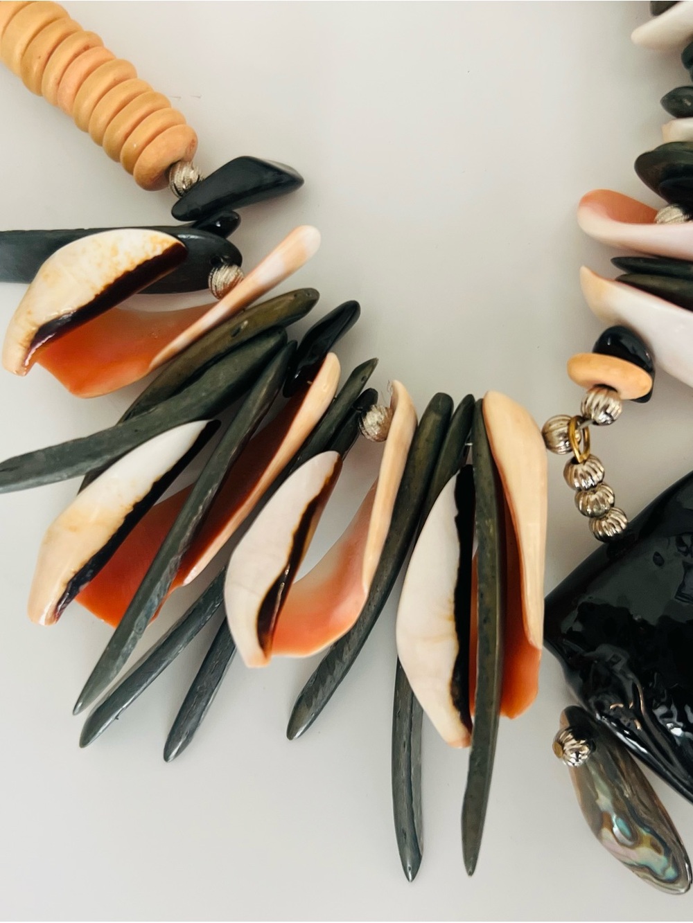 Handcrafted Beach Shell Statement Necklace in Cream, Black and Orange - Picture 5 of 8